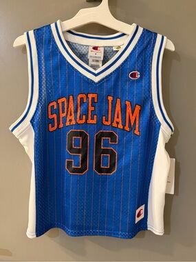 Champion Blue and White Space Jam Basketball Jersey